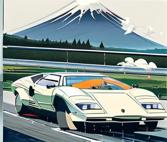 Countach drifting around corner in Japanese countryside, mount fuji in the background, smoke from rear tires, front wheels turned, overhead shot, raining, in motion, motion blur , film overlay, film grain , cardrifting , retro art style, neon_pop art style, art style, <lora:Lamborghini_Countach:1>, <lora:Heavy_grain:0.5>, <lora:cardrifting2:0.7>,  <lora:SydMead_style:1> sydmead_style