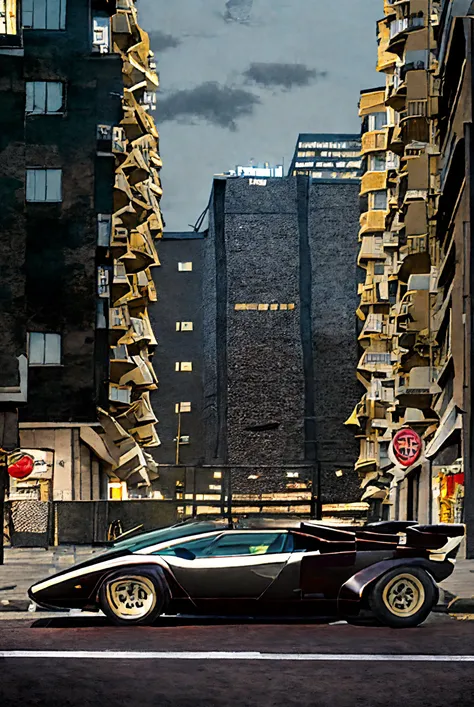 lamborghini countach driving down street in dense urban environment, diagonal shot, cinematic lighting, night, overhead shot, in the style of akira <lora:Lamborghini_Countach:1>