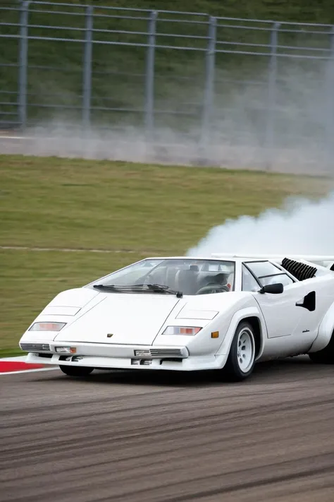 white countach on a racetrack, tire smoke, in motion, motion blur, speed
<lora:Lamborghini_Countach:1>