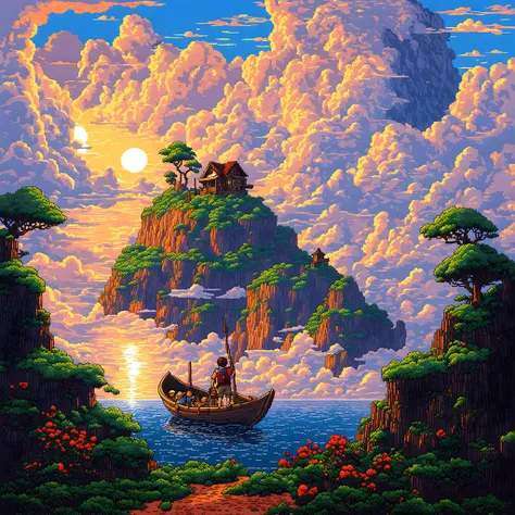 (masterpiece, best quality), mysterious,16 bit pixel art, epic composition of a explorer in a boat reaching an island in the clouds, by studio ghibli, cinematic still, hdr
