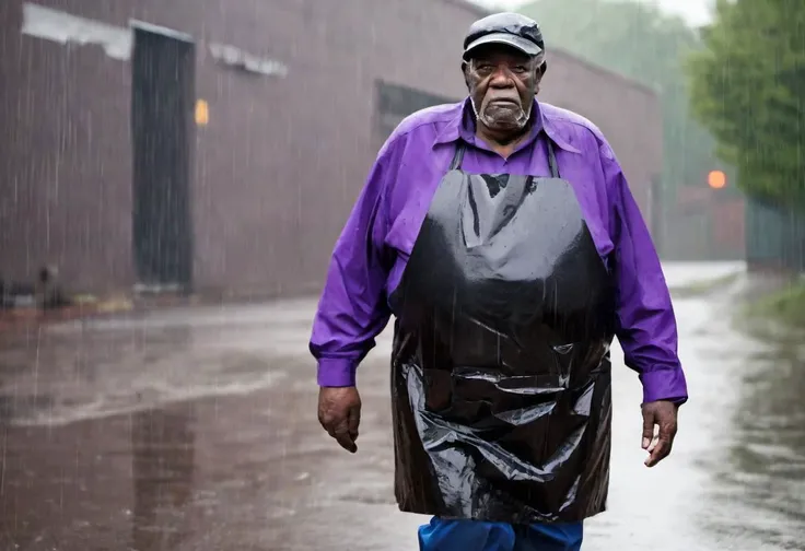 80 year old extremely obese black man wears a ((thin black and purple plastic apron that clings to his body)) in the rain outside of a factory as he walks home