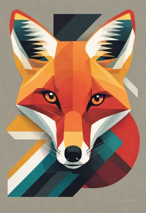 a red fox, bauhaus print, abstract art, shapes, bold colors, art deco, circles, squares, triangles, lines, gradients, primary colors, secondary colors, stylized, flat design, shadows, minimalistic, modernist, futurism, dynamic compositions, zigzag lines, blue, red, yellow, black, white, orange, green, pastel, mid-century modern