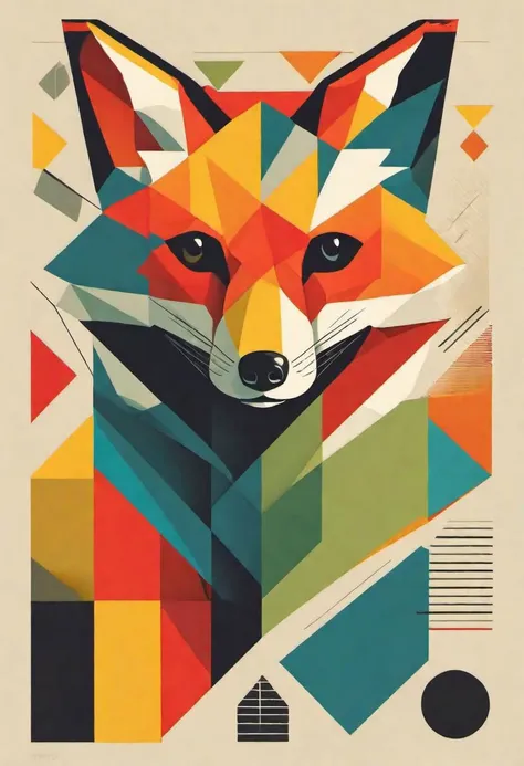 a red fox, bauhaus print, abstract art, shapes, bold colors, art deco, circles, squares, triangles, lines, gradients, primary colors, secondary colors, stylized, flat design, shadows, minimalistic, modernist, futurism, dynamic compositions, zigzag lines, blue, red, yellow, black, white, orange, green, pastel, mid-century modern