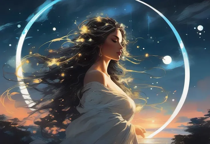 Goddess Aphrodite wearing a luminous lighted outfit, long hair, wind, sky, clouds, the moon, moonlight, stars, universe, fireflies, butterflies, lights, lens flares effects, swirly bokeh, brush effect, In style of Yoji Shinkawa, Jackson Pollock, wojtek fus, by Makoto Shinkai, concept art, celestial, amazing, astonishing, wonderful, beautiful, highly detailed, centered, facing camera, 8k, RAW photo, 8k uhd, dslr, soft lighting, high quality, film grain, Fujifilm XT3