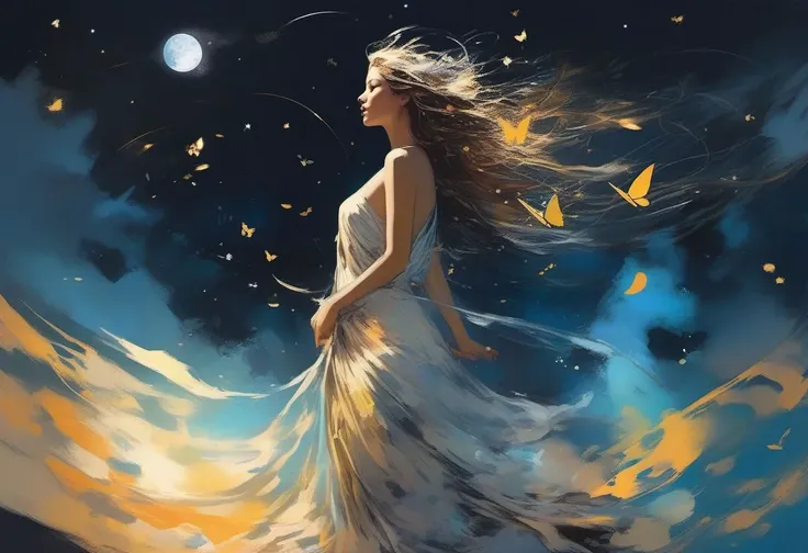 Goddess Aphrodite wearing a luminous lighted outfit, long hair, wind, sky, clouds, the moon, moonlight, stars, universe, fireflies, butterflies, lights, lens flares effects, swirly bokeh, brush effect, In style of Yoji Shinkawa, Jackson Pollock, wojtek fus, by Makoto Shinkai, concept art, celestial, amazing, astonishing, wonderful, beautiful, highly detailed, centered, facing camera, 8k, RAW photo, 8k uhd, dslr, soft lighting, high quality, film grain, Fujifilm XT3