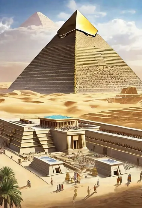 Imagine a newly constructed Egyptian pyramid, covered in polished white limestone and a granite tip covered in precious shiny gold, set in an ancient Egyptian city