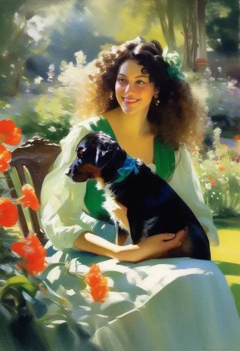 painting by Anders Zorn, a Lady with big black curly hair at a tea party in green garden, a dog sits beside her, beautiful flower garden,Bright sunlight, sun glare, soft colours of green and blue, using water colours, wet colours,
(4k quality, masterpiece), best quality,