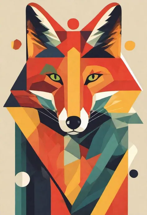 a red fox, bauhaus print, abstract art, shapes, bold colors, art deco, circles, squares, triangles, lines, gradients, primary colors, secondary colors, stylized, flat design, shadows, minimalistic, modernist, futurism, dynamic compositions, zigzag lines, blue, red, yellow, black, white, orange, green, pastel, mid-century modern