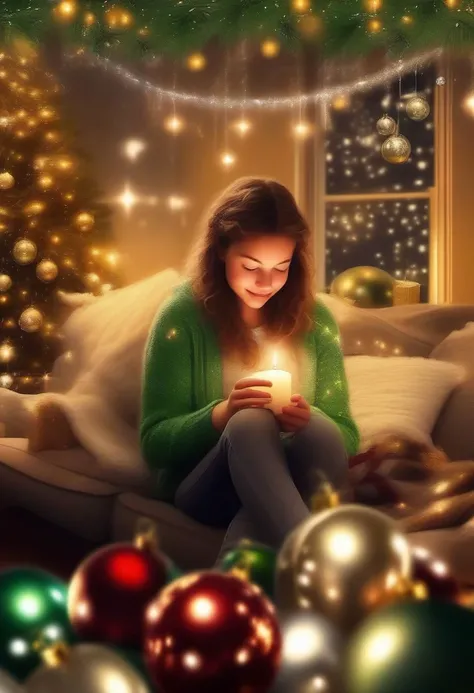 Christmas scene with a girl sitting among green and silver decorations, twinkling lights entwined through pine branches, gleaming candles casting a warm glow over the glossy leaves and reflective baubles, holiday cheer encapsulated in the arrangement, soft-focus background with bokeh effect from distant Christmas lights, ultra-fine, digital painting, golden ratio composition.