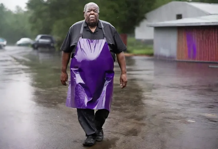 80 year old extremely obese black man wears a ((thin black and purple plastic apron that clings to his body)) in the rain outside of a factory as he walks home