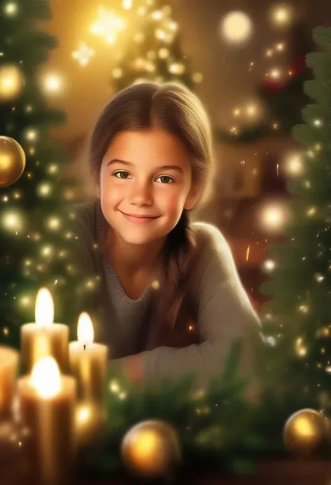 Christmas scene with a girl sitting among green and silver decorations, twinkling lights entwined through pine branches, gleaming candles casting a warm glow over the glossy leaves and reflective baubles, holiday cheer encapsulated in the arrangement, soft-focus background with bokeh effect from distant Christmas lights, ultra-fine, digital painting, golden ratio composition.