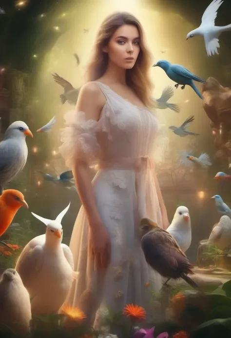 High quality magical garden with animals in the background, divine lights in the background birds on her shoulder