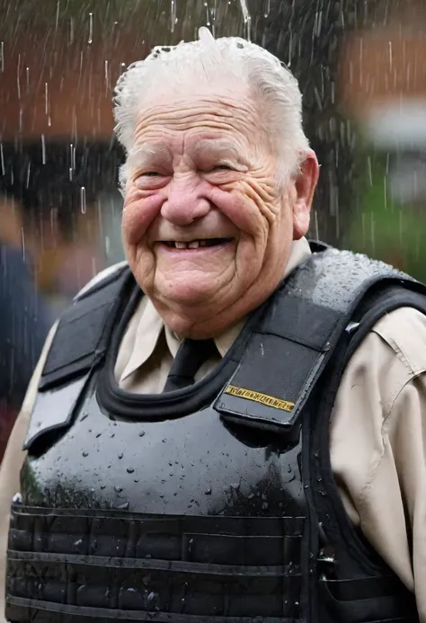 an extremely obese 400 pound elderly wrinkled 90 year old police officer wearing a ((thickly padded bullet proof vest and pants)) smiles in the pouring rain as his uniform is soaked