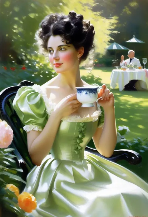 Painting by Anders Zorn, a Lady woman with black curly sits drinking tea in green garden at Victorian estate, breasts out, dress down to reveal breasts, bare breasts, big breasts, visible nipples, tea party, Victorian garden furniture, beautiful flower garde, a hound sits beside her, white Victorian manor, Bright sunlight, sun glare, soft colours of green and blue, using water colours, wet colours,
(4k quality, masterpiece), best quality,