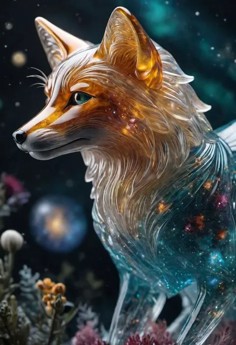 A realistic photo of (intricate transparent glass interstellar nebula fox statue made of galaxies, flora and fauna, hyper realistic, ultra detailed, elegant, beautiful, 1 tail)), photo is taken with a Canon EOS R5 and a Canon RF 100-500mm f/4.5-7.1L IS USM lens, ultra high quality, ultra high detailed ,Stained Glass, cosmic nebulas textured Glas, colored glass pieces, product scene, translucent, transparent,