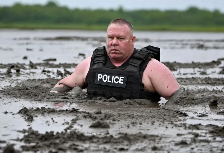 50 year old 500 pound police officer in a ((((thick puffy bullet proof vest))) swimming in (((thick heavy sticky black mud)))