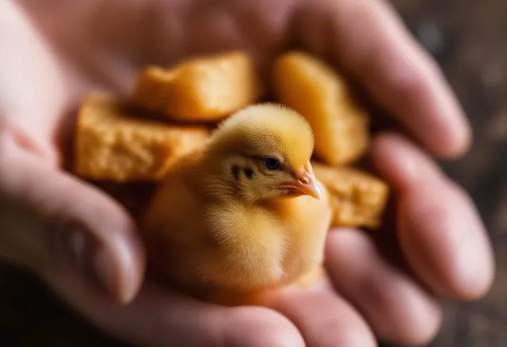a chick hatching from a chicken nugget, head poking out of the outer shell of the nugget
