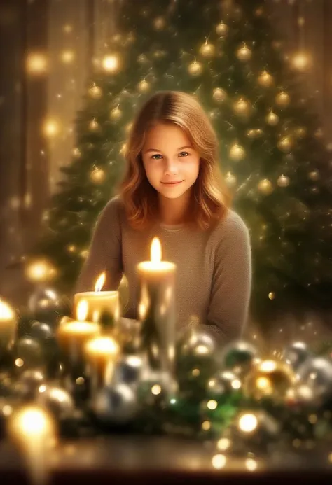 Christmas scene with a girl sitting among green and silver decorations, twinkling lights entwined through pine branches, gleaming candles casting a warm glow over the glossy leaves and reflective baubles, holiday cheer encapsulated in the arrangement, soft-focus background with bokeh effect from distant Christmas lights, ultra-fine, digital painting, golden ratio composition.
