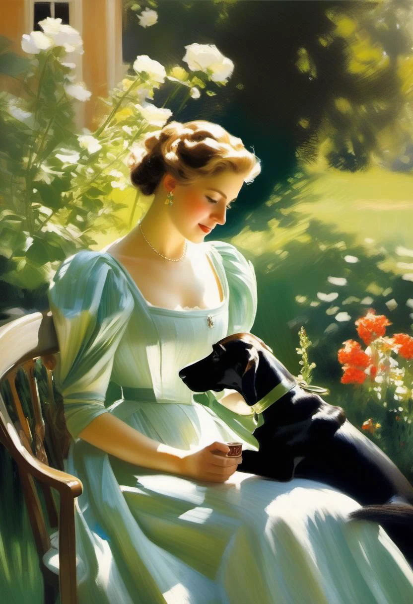 Painting by Anders Zorn, a Lady woman with black curly sits drinking tea in green garden at Victorian estate, tea party, Victorian garden furniture, beautiful flower garde, a hound sits beside her, white Victorian manor, Bright sunlight, sun glare, soft colours of green and blue, using water colours, wet colours,
(4k quality, masterpiece), best quality,