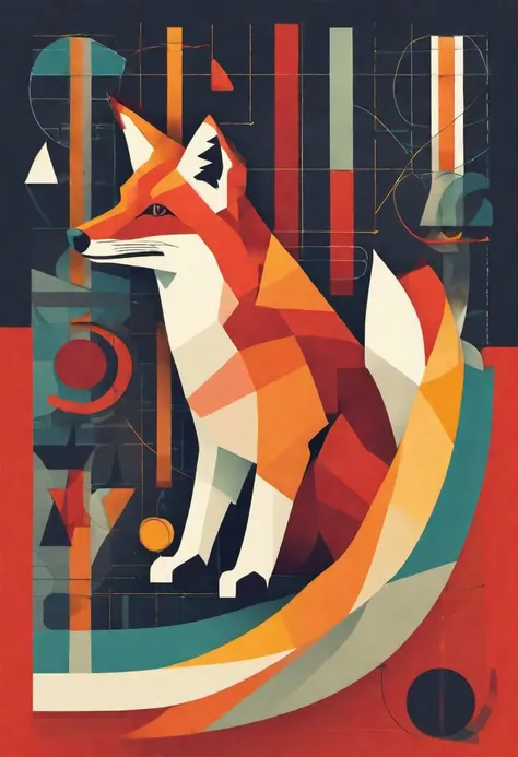 a red fox, bauhaus print, abstract art, shapes, bold colors, art deco, circles, squares, triangles, lines, gradients, primary colors, secondary colors, stylized, flat design, shadows, minimalistic, modernist, futurism, dynamic compositions, zigzag lines, blue, red, yellow, black, white, orange, green, pastel, mid-century modern