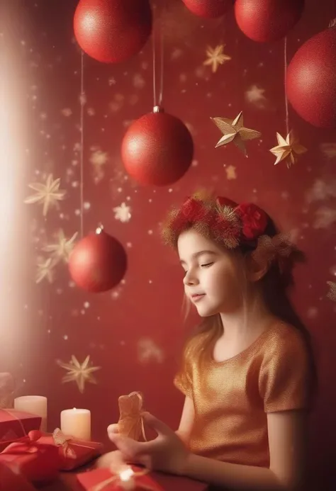 girl decorated all around with three-dimensional flower Christmas in red and gold colors, beautiful and pleasant lighting