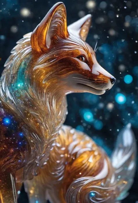 A realistic photo of (intricate transparent glass interstellar nebula fox statue made of galaxies, flora and fauna, hyper realistic, ultra detailed, elegant, beautiful, 1 tail)), photo is taken with a Canon EOS R5 and a Canon RF 100-500mm f/4.5-7.1L IS USM lens, ultra high quality, ultra high detailed ,Stained Glass, cosmic nebulas textured Glas, colored glass pieces, product scene, translucent, transparent,