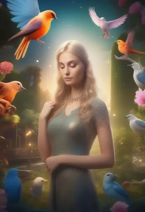 High quality magical garden with animals in the background, divine lights in the background birds on her shoulder