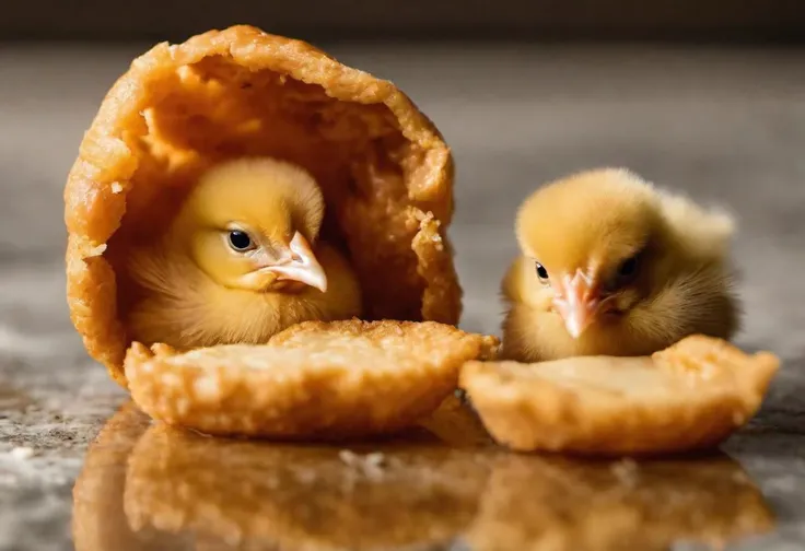 a couple chicks hatching from chicken nuggets, head poking out of the outer shell of the nugget