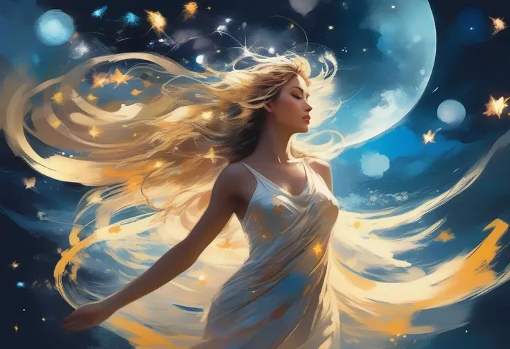 Goddess Aphrodite wearing a luminous lighted outfit, long hair, wind, sky, clouds, the moon, moonlight, stars, universe, fireflies, butterflies, lights, lens flares effects, swirly bokeh, brush effect, In style of Yoji Shinkawa, Jackson Pollock, wojtek fus, by Makoto Shinkai, concept art, celestial, amazing, astonishing, wonderful, beautiful, highly detailed, centered, facing camera, 8k, RAW photo, 8k uhd, dslr, soft lighting, high quality, film grain, Fujifilm XT3