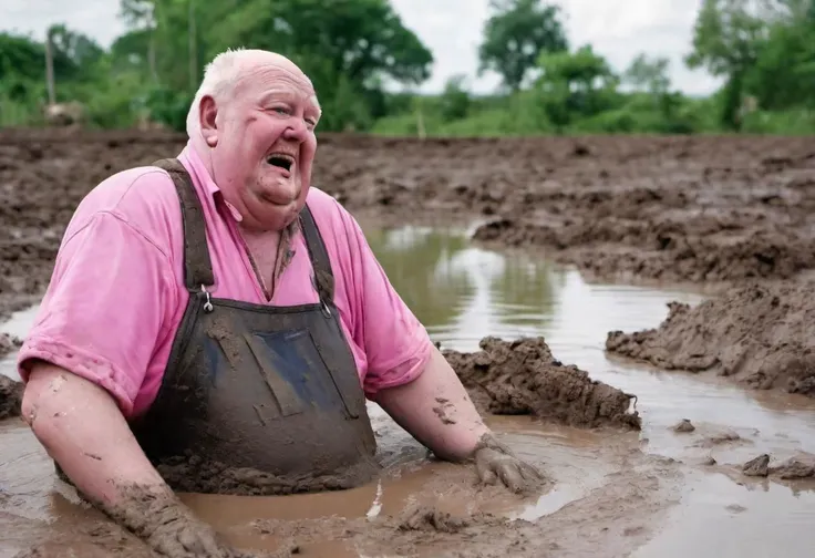 A really fat old man covered in mud
