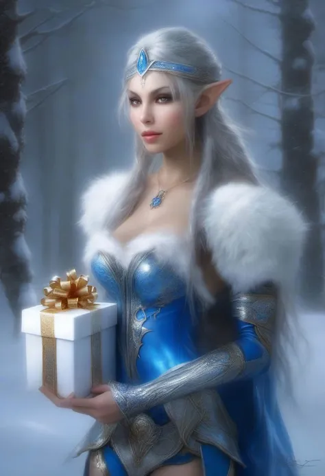(snowy beauty), New year, a Blue Epoch Elf and a bag of gifts, (ArtStation), (Luis Royo | Greg Rutkowski), (epic), (epic detail), (Golden Ratio), (perfect geometry), (masterpiece), (best quality), (photorealistic), (ultra-high detail), ((professional photography, the face right side is embracing light as the face left side is plunged in darkness))