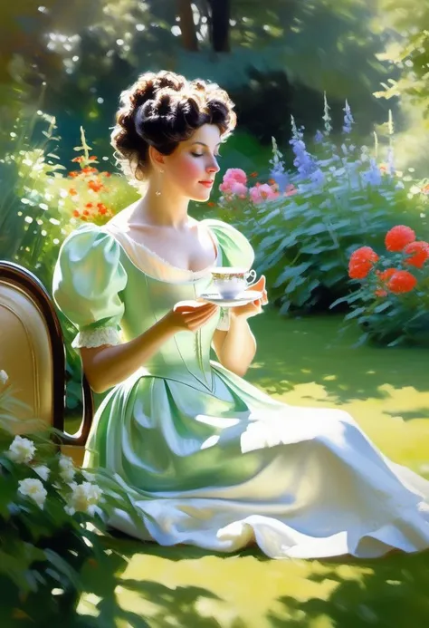 Painting by Anders Zorn, a Lady woman with black curly sits drinking tea in green garden at Victorian estate, breasts out, nipples, tea party, Victorian garden furniture, beautiful flower garde, a hound sits beside her, white Victorian manor,  Bright sunlight, sun glare, soft colours of green and blue, using water colours, wet colours, 
(4k quality, masterpiece), best quality,