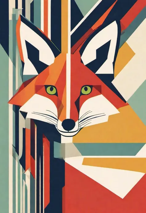 a red fox, bauhaus print, abstract art, shapes, bold colors, art deco, circles, squares, triangles, lines, gradients, primary colors, secondary colors, stylized, flat design, shadows, minimalistic, modernist, futurism, dynamic compositions, zigzag lines, blue, red, yellow, black, white, orange, green, pastel, mid-century modern
