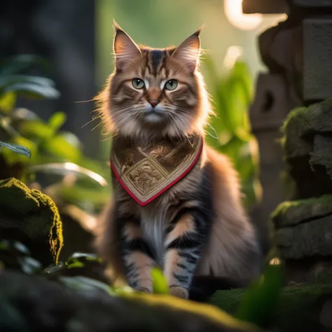 (a cat_adventurer), (adventurer outfit), searching for treasure, epic overgrown temple ruin, epic scene, lush plants,dynamic camera, backlight, (close up:1.3), high quality photography, 3 point lighting, flash with softbox, 4k, Canon EOS R3, hdr, smooth, sharp focus, high resolution, award winning photo, 80mm, f2.8, bokeh