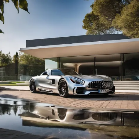 rembrandt light,best quality,extremely detailed,cinematic lighting,8k,realistic,award winning,photograph,low viewing angle,camera shooting,canon 85 1.2,aperture f4,8k,hdr,a mercedes-benz gtr,stop next to the building,the background is the bright morning light by the sea,art award designed modern house,ultra-modern design,pritzker prize,master works,(car in reflection),