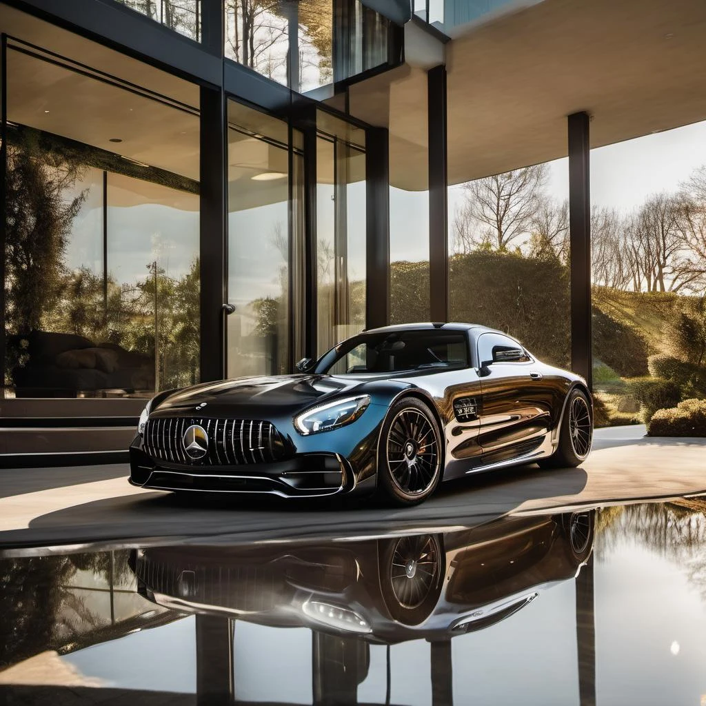 rembrandt light,best quality,extremely detailed,cinematic lighting,8k,realistic,award winning,photograph,low viewing angle,camera shooting,canon 85 1.2,aperture f4,8k,hdr,a mercedes-benz gtr,stop next to the building,the background is the bright morning light by the sea,art award designed modern house,ultra-modern design,pritzker prize,master works,(car in reflection),