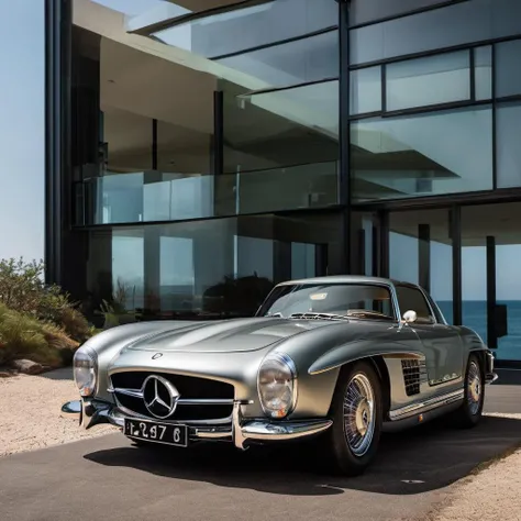 rembrandt light,best quality,extremely detailed,cinematic lighting,8k,realistic,award winning,photograph,low viewing angle,camera shooting,canon 85 1.2,aperture f4,8k,hdr,a mercedes-benz gtr,stop next to the building,the background is the bright morning light by the sea,art award designed modern house,ultra-modern design,pritzker prize,master works,(car in reflection),