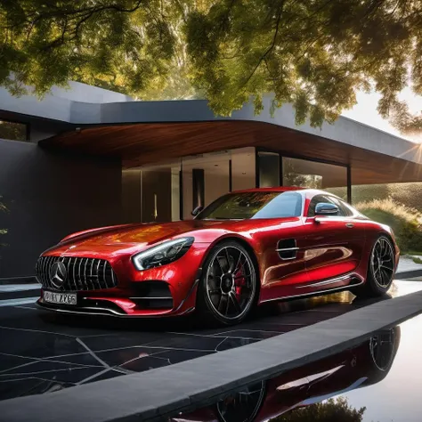 rembrandt light,best quality,extremely detailed,cinematic lighting,8k,realistic,award winning,photograph,low viewing angle,camera shooting,canon 85 1.2,aperture f4,8k,hdr,a mercedes-benz gtr,stop next to the building,the background is the bright morning light by the sea,art award designed modern house,ultra-modern design,pritzker prize,master works,(car in reflection),
