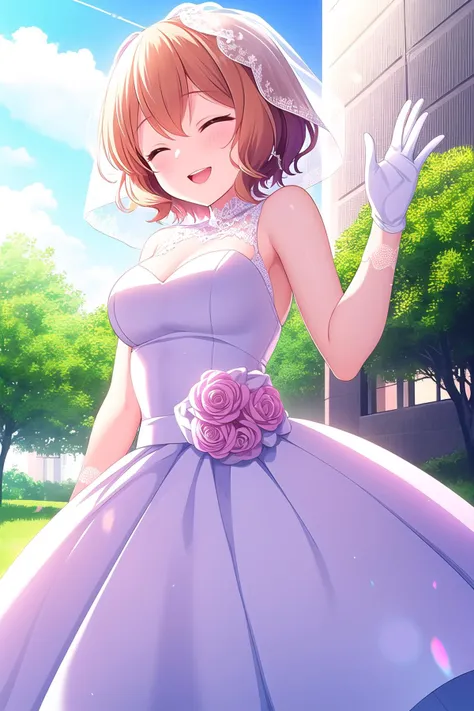 (masterpiece, best quality), highly detailed background, perfect lightingbest quality, tomuramichiru, solo, outdoors, nature, building, bridal veil, orange hair, hair between eyes, wavy hair, short hair, closed eyes, medium breasts, wedding dress, white dress, white gloves, frilled skirt, smile, open mouth, ^o^, pink lips, <lora:Tomura-Michiru:0.7>