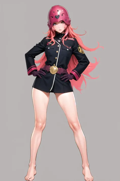 <lora:yamashita_shunya_v0.1:1>
1girl, solo, long hair, looking at viewer, simple background, gloves, white background, standing, jacket, full body, pink hair, heart, red hair, barefoot, belt, uniform, legs, bare legs, helmet, no pants, hands on hips, masterpiece, best quality, highly detailed