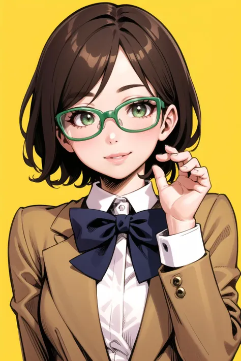 <lora:yamashita_shunya_v0.1:1>
1girl, solo, looking at viewer, smile, short hair, simple background, brown hair, bow, school uniform, green eyes, jacket, upper body, glasses, bowtie, lips, yellow background, adjusting eyewear, green-framed eyewear,, masterpiece, best quality, highly detailed