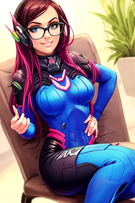 woman sssniperwolf smiling in glasses sitting in a chair wearing a dva cosplay with blue bodysuit <lora:sssniperwolf:1> and black leggings <lora:add_detail:0.4>, masterpiece, best quality <lora:dva:0.6>,