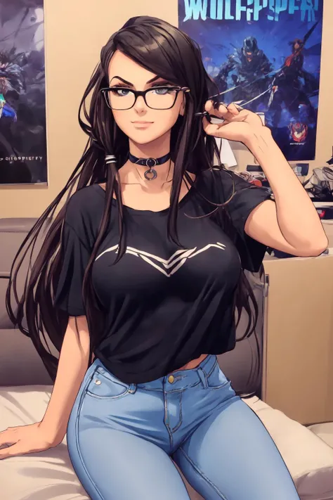 woman sssniperwolf with glasses and choker necklace and black tshirt and jeans sitting in a messy gamer bedroom with long hair <lora:sssniperwolf:1> <lora:add_detail:0.4>, masterpiece, best quality