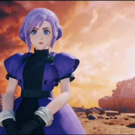 A screencap of a game of a beautiful woman with purple hair wearing a frilly black dress searching for Materia and exploring the open world<lora:ff7 style:1> ff7og style, extremely detailed gorgeous eyes and facial features, 64-bit, amazing game composition, cinematic lighting, ray tracing, unreal engine
