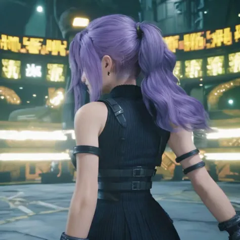 Ultra realistic extremely detailed screencap of a game of a beautiful woman with purple hair wearing a frilly black dress searching for Materia and exploring the open world<lora:ff7 style:1> ff7 style, extremely detailed eyes and facial features, 8k, amazing game composition, cinematic lighting