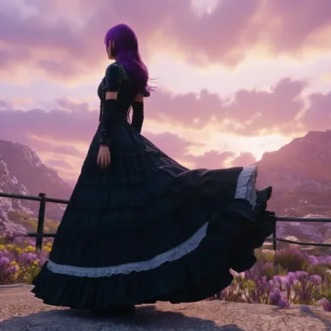 Ultra realistic extremely detailed screencap of a game of a beautiful woman with purple hair wearing a frilly black dress searching for Materia and exploring the open world<lora:ff7 style:1> ff7 style, extremely detailed gorgeous eyes and facial features, 8k, amazing game composition, cinematic lighting
