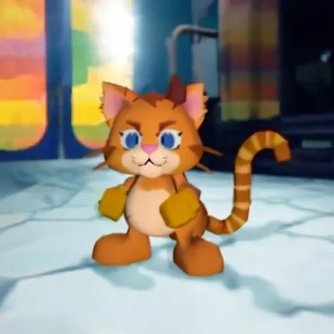 a game of Garfield the cat searching for lasagna and exploring the open world<lora:ff7 style:1> ff7og style, extremely detailed and gorgeously designed retro character model and world, 3d chibi, 64-bit, amazing game composition, cinematic lighting