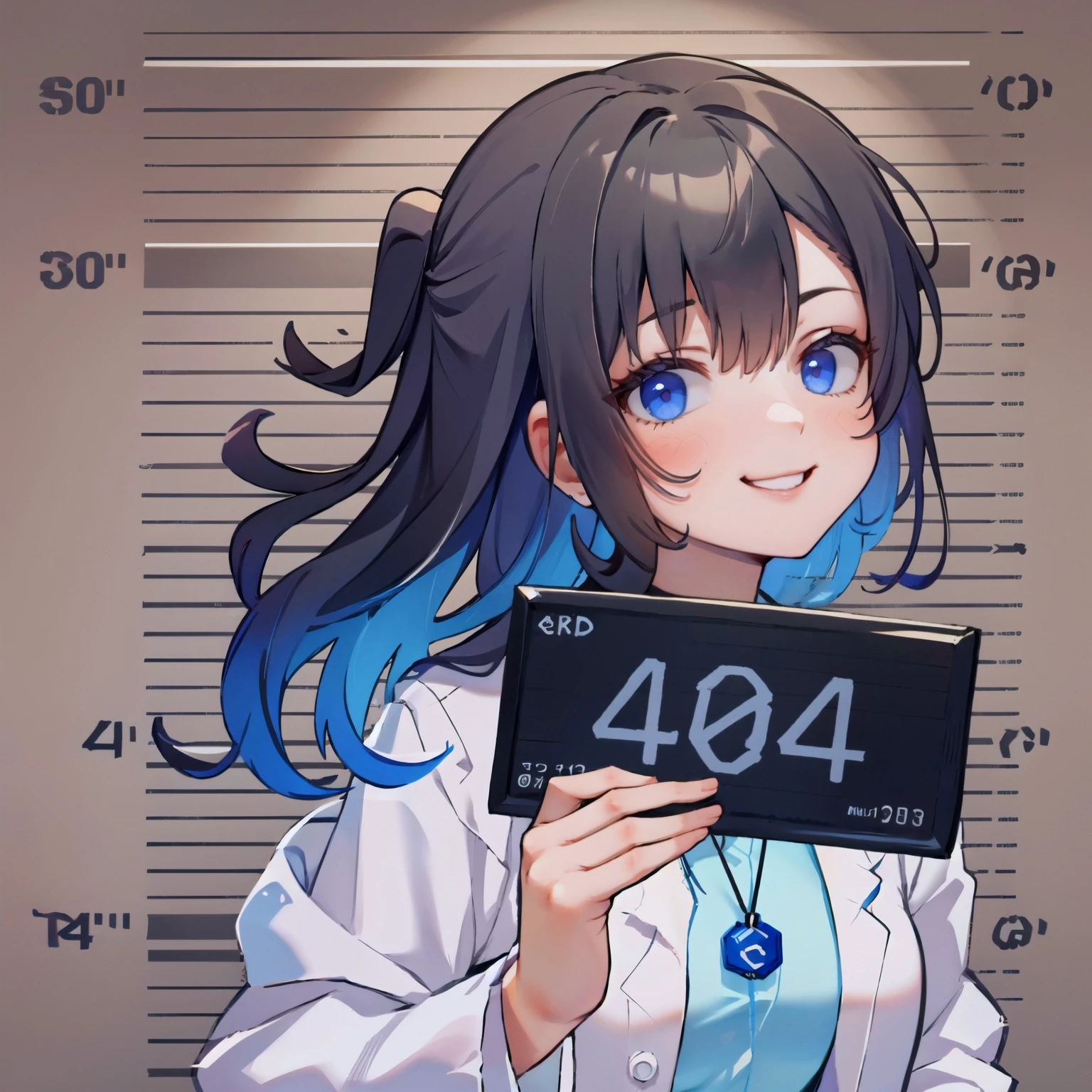 ((masterpiece)), (best quality, highres), 1girl, smirk, upper body, <lora:barbie_mugshot_B:1.1>, barbie mugshot, <lora:gijinkaseries_civitai:0.7>, labcoat, shirt, shirt tucked in, single vertical stripe, necklace