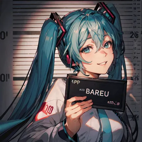 barbie mugshot, hatsune miku, smile, closed mouth, parted lips, holding sign,