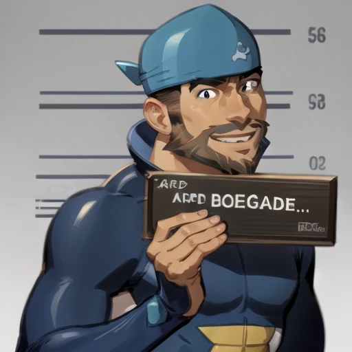 masterpiece, best quality, <lora:barbie_mugshot_B:0.7>, <lora:ArchieLora:0.7>, barbie mugshot, archie \(pokemon\), dark skin, blue bodysuit, beard, facial hair, holding sign, smile, black eyes